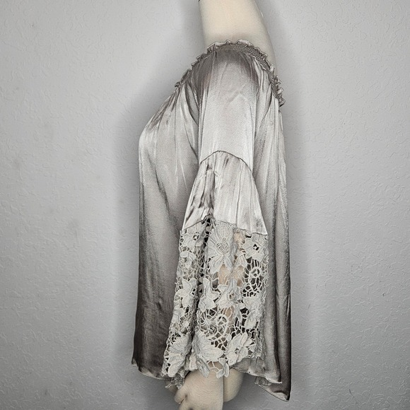 Elegantissimo Firenze Silk Blend Boho Peasant Top Lace Bell Sleeve Silver Med - Picture 4 of 8